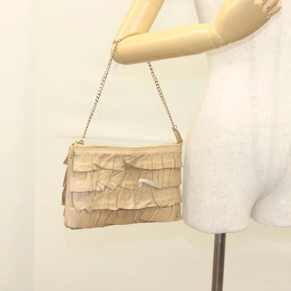 CHANEL Frill Chain Hand Bag Lamb Skin Beige Gold CC Auth yk18806 - Picture 15 of 16